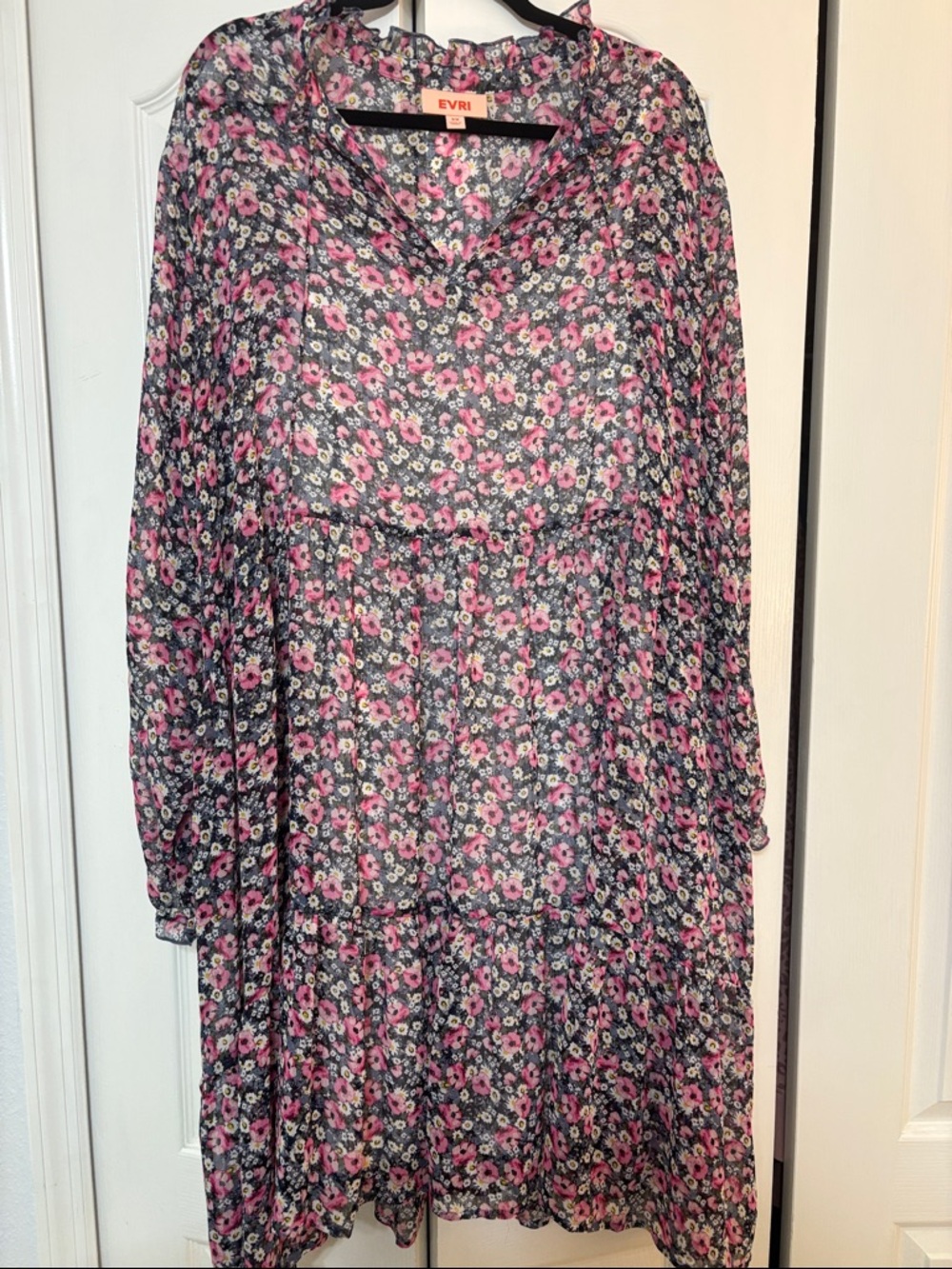 EVRI Navy Blue Floral Tiered Smock Dress with Pink Blooms